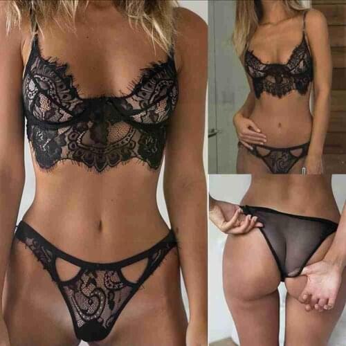 Fashion Women Ladies Sexy Lingerie Lace Top Bra G-string Triangle Underwear 2Pcs Nightwear Ladies Thong Set Sleepwear L2I5
