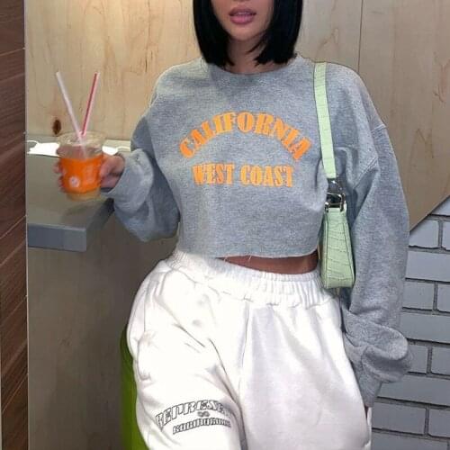 NCLAGEN Letter Print Long Sleeve Short Top Loose Casual Gray Cropped Sweatshirt 2020 Autumn Women Fashion Harajuku Pullovers