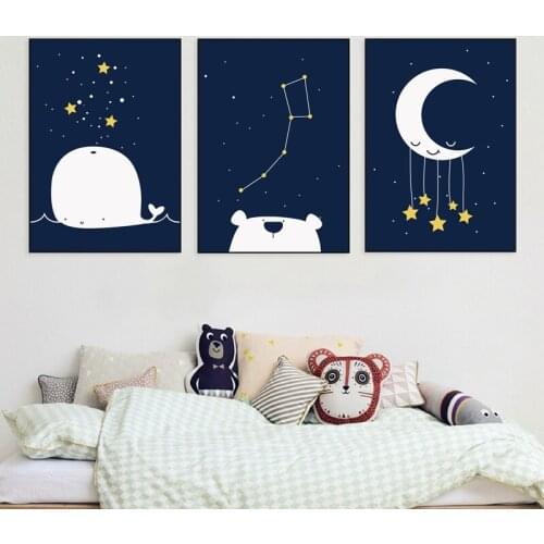 Space Moon Theme Navy Nursery Wall Art Canvas Poster Modern Prints Nordic Poster Art Painting for Baby Boys Kids Room Home Decor