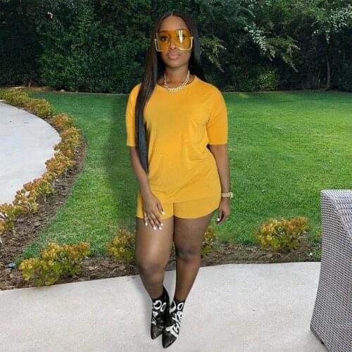 TNNAOFF Solid Elastic Skinny Two Piece Tracksuits Women Short Sleeve T Shirt Tops Fashion Biker Shorts Lounge Wear Matching Sets