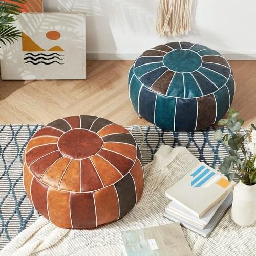 Moroccan PU Leather Pouf Embroider Craft Hassock Ottoman Footstool Home Decor Round 55cm Artificial Leather Unstuffed Cushion