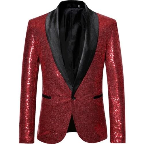 Wine Red Shiny Sequin Blazer Men 2020 Brand New Slim Fit Single Breasted Suit Blazer Jacket Men Party Stage Singer Costume Homme
