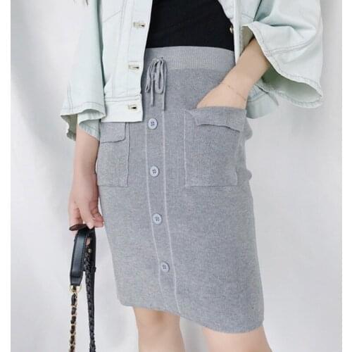 Autumn Women Cotton Solid Color Elastic Waist Strap Pocket Skirt Women Single-breasted Straight Bag Hip Skirts