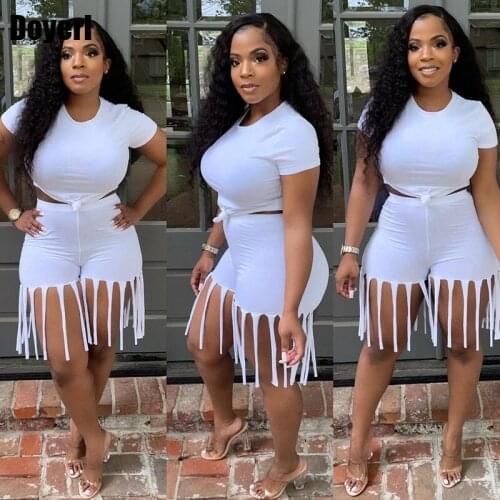 Casual Summer Two Piece Set 2021 Club Outfits T-shirts Top and Tassel Shorts Sweat Suits 2 Piece Set Women Matching Sets Short