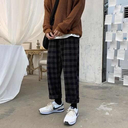 Autumn and winter Korean version simple woolen plaid pants straight casual versatile couple loose drawstring pants mens Plush n