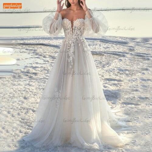 Sexy BOHO Beach Wedding Dresses White Long Puff Sleeves Vestido De Noiva 2021 Bohemian Bridal Gowns Off Shoulder Suknia Slubna