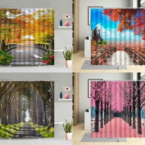 Natural Scenery Shower Curtain Set Green Forest Plant Pink Cherry Blossom Flowers Park Landscape Bathroom Decor Screens Washable