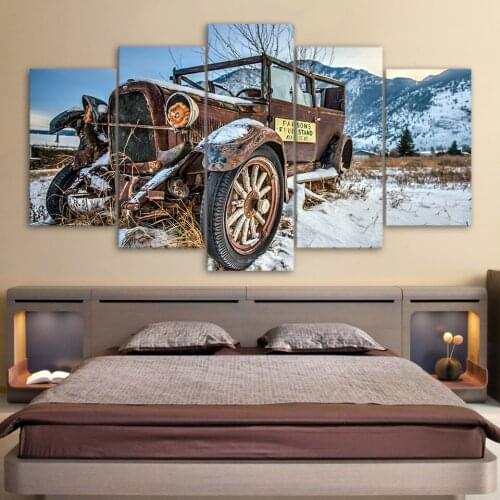 Modern Home Wall Art Decor Frame HD Printed Snowfield Painting Artworks 5 Pieces Old Broken Car Poster Canvas Pictures PENGDA