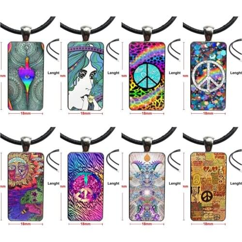 Glass Cabochon Choker Pendant Rectangle Necklace Steel Color Jewelry For Women Wedding Hippy Hippie Psychedelic Flower Peace