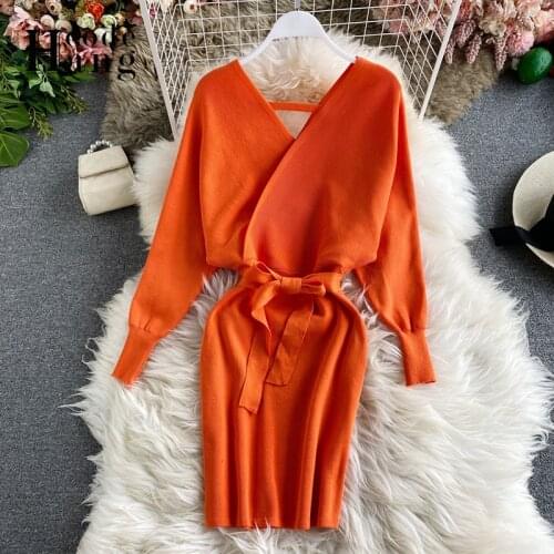 HangCode 2021 Autumn Winter Sweater Dress Elegant V-neck Long Batwing Sleeve Lady Office Dress Sash Bandage Bodycon Women Dress