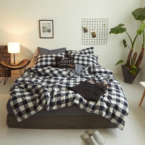 2019 New Product 4pc 100% polyester washed cotton plaid striped print bedding set duvet cover luxury sheet flat pillowcase