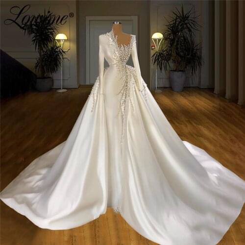 Satin Wedding Dresses Dubai Arabic Handmade Beaded Pearls Wedding Bride Gowns 2020 Muslim Long Sleeves Mermaid Bridal Gowns