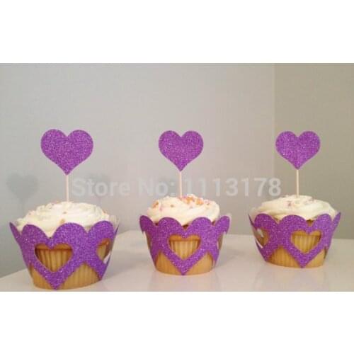 Glitter Heart Cupcake Wrappers holders wedding Valentines day bridal shower Cupcake wrapper with toppers set Supplies