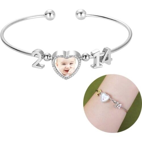 Custom Photo Bangles For Women Number Year Pesonalized Bracelets Jewelry Mum Girl Gift Accessories Adjustable Open Length
