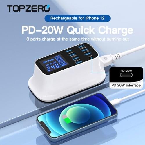 20W USB Charger 8 Port PD Fast Charger LED Display Multi USB C Charger for iPhone 12 Pro Max Charge Mobile Phone Adapter Station