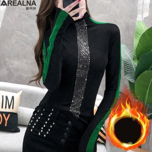 Fashion woman tshirts Shiny Diamonds Beading Patchwork Sexy t shirt women fall Winter velvet femme t-shirts mujer camisetas Tees