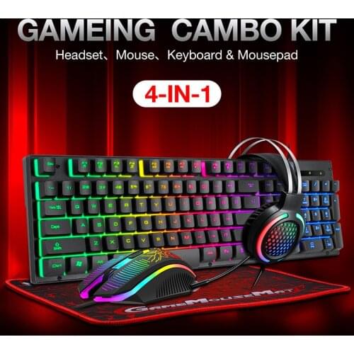 Keyboard Mouse Headset Mouse Pad Key Mouse Four-piece Suit Luminous Game Office Suitable for Pc Notebook Desktops Game Player