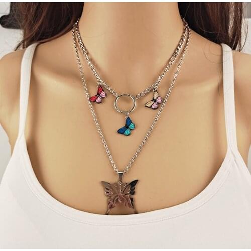 Europe America Trendy Hollow Geometric Butterfly Circles Pendant Necklaces For Women Girls Punk Silver Color Chain Kolye Bijoux