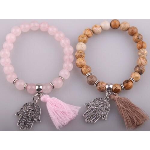 Fashion Women Dress Armband 8mm semi precious stone with tassel fatimas hand charm Natural Stones Bracelet