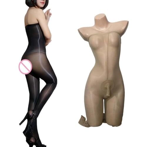 Sissy Men 8 Den Glossy Strapless Sheer Body Stockings Oil Shine Trunk Penis Sheath Crotchless Bodystocking Jumpsuit Hot Lingerie