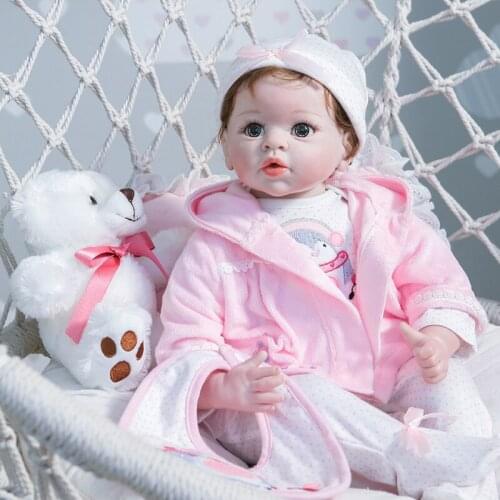 New 55CM high quality bebe reborn doll pink dress set with bear life size soft silicone reborn baby dolls Christmas Gift