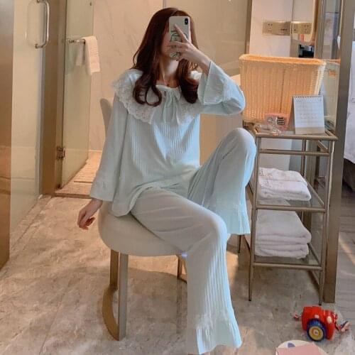 2020 Autumn Long Sleeve 100% Cotton Pajama Sets Women Korean Cute Lace Sleepwear Suit Pyjamas Homewear Pijama Mujer Home Clothes