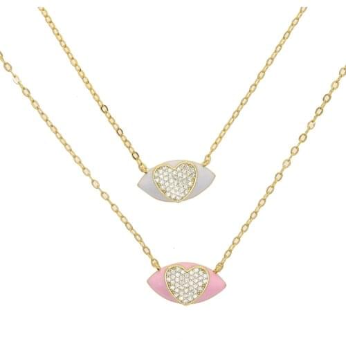 White Pink Enamel and Zircon Heart Necklace French Evil Eye Shape Korean Simple Female Short Necklaces Female for Women