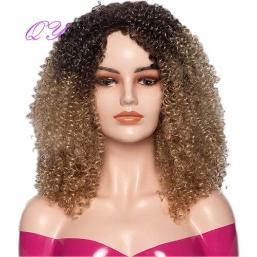 QY Hair Afro Kinky Curly Synthetic Wig For Black Women Black Omber Blonde Short Cosplay Wig