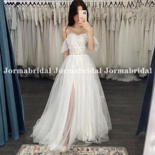 Romantic Bohemian Wedding Dress Off Shoulder Ruffles Straps Front Split Tulle Bridal Dress Light Weight Summer Beach Bride Gowns