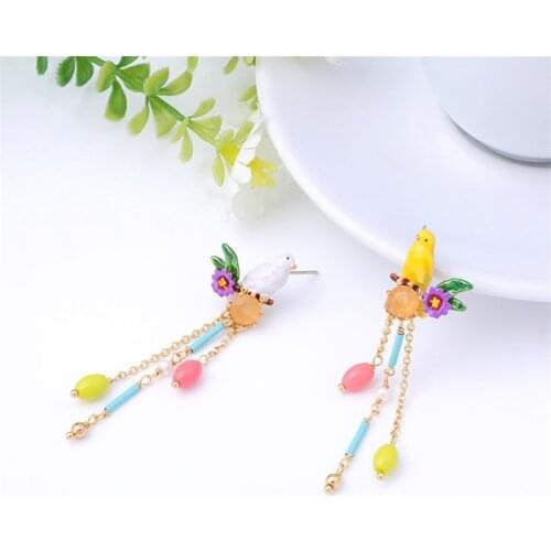 Long Tassel Pendant Earrings Personality Temperament Enamel Glaze Bird Stud Earrings Earrings Ear Clipclips without pierced ears