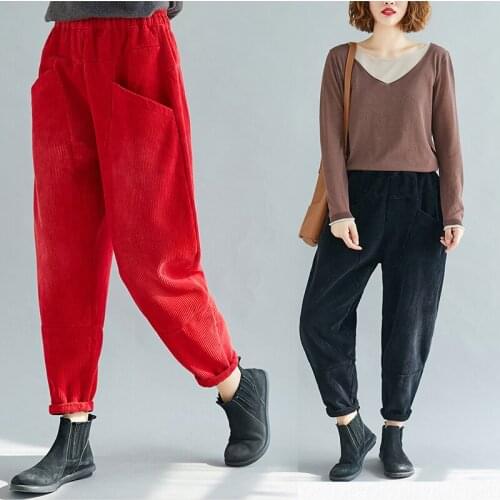 Harem pants plus velvet thick corduroy harem pants autumn and winter elastic waist loose warm corduroy feet casual pants
