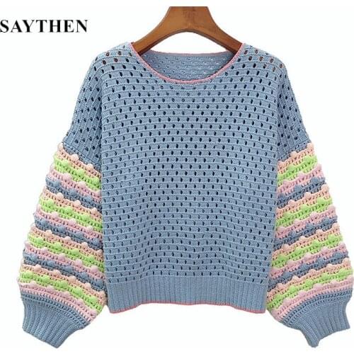 SAYTHEN Hollow Striped Sweater Women Autumn Round Neck Long Sleeve Ladies Loose Pullover Tops Casual Female Winter Jumpers