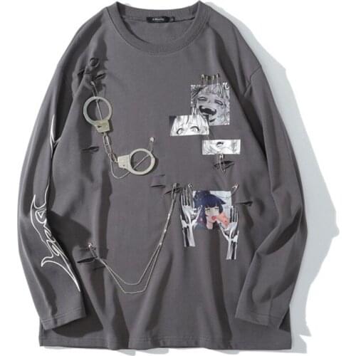Comics Anime Manga Illustration Hook Loop Fastener Chain Design Thin Sweatshirt Streetwear Men HighStreet Pullover