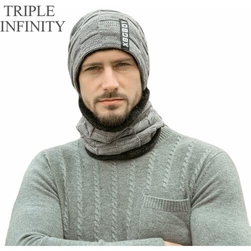 TRIPLE INFINITY Mens Winter Beanie Hats Scarf Set Windproof Warm Knit Hat Skull Cap Neck Warmer Thick Fleece Lined Male Hat New