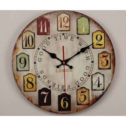 Vintage 34cm Round Home Decor Wooden Wall Clock With Arabic Number and Good Time With Good Friend London Printed 14 Inches Clock
