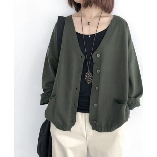 Green Women Cardigan Sweaters Solid Color Loose V-Neck Long Sleeve Coats 2021 Autumn New Button Pockets Female Knitwear