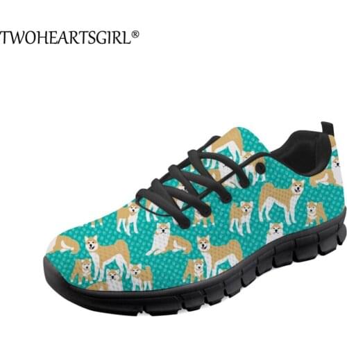 Twoheartsgirl Cute Akita Dog Printed Sneakers for Women Fashion Lightweight Flats Breathable Woman Mesh Shoes Flats Plus Size