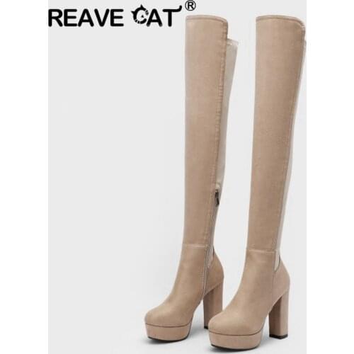 REAVE CAT Winter Elastic Slim Women Over Knee High Boots Platform Block High Heel Ladies Zip Suede Round Toe Womens Boots S2353