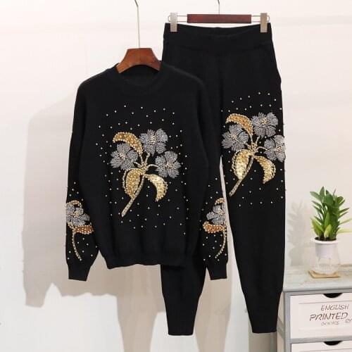 Fashion autumn Two Piece Set Women Pullover Sweater + Pants Set Casual Beading Flowers tracksuits women set Loose 2 piece set