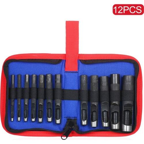 12 Pieces Leather Hollow Punch Set Heavy-Duty Leather Round Hole Punch Cutter with Sizes of 3/4/5/6/7/8/9/10/11/12/14/16mm