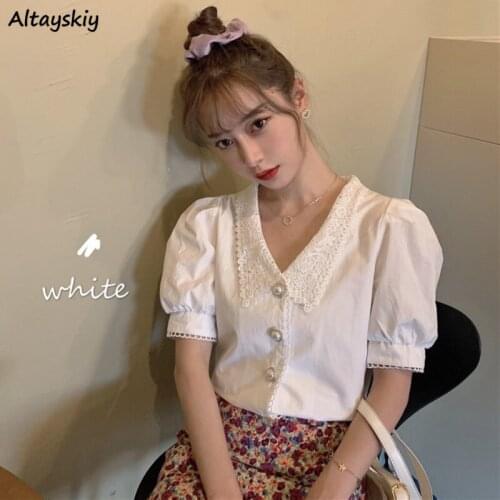 White Shirts Women Sweet Peter Pan Collar Crop Top Preppy Casual Solid Slim All-match Chic Korean Style Leisure Elegant Summer