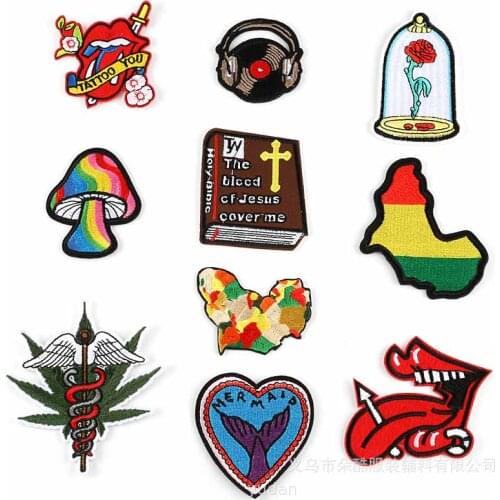 Colorful Dizzy Mushroom Jesus Book Earphone Tongue Flower In Bottle Iron On Embroidered Clothes Patches For Clothing Wholesale