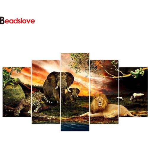 DIY Full Square round Diamond Painting Lion Elephant Cheetah Nature Forest Modular African Wild Animal Embroidery Mosaic Decor