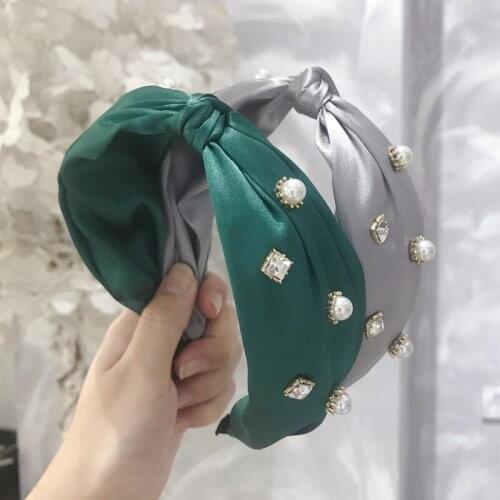 Korea Women Elegant Fabric Knot Hairband Chic Luxury Rhinestone Pearl Broad Headwear Fashion Street Hair Accessories 8 Colors
