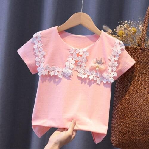 Girls' summer wear new middle school childrens short sleeve cotton lace collar T-shirt fashion little girls top fashion