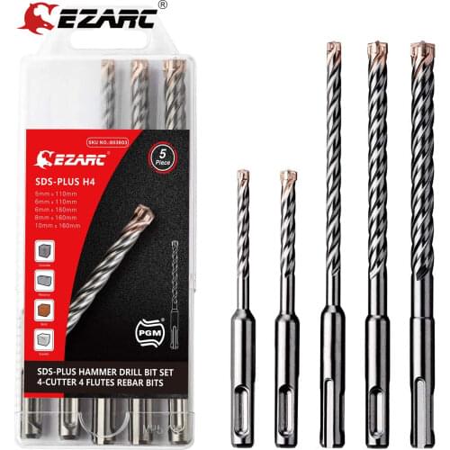 EZARC 5Pcs SDS-Plus Rotary Hammer Drill Bit Set 2/4-Cutter Carbide Tips for Reinforced Concrete, Masonry, Marble, Brick and Tile