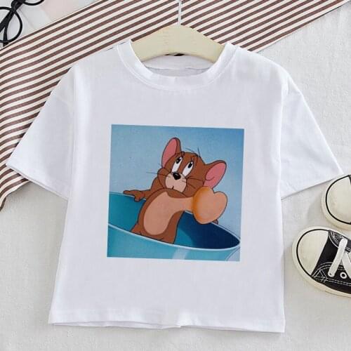 2020 New Summer Cat And Mouse Cartoon Print Funny Boy T-shirt Kids T shirt Girl Tshirt White Cute Baby shirt kawaii clothing 828