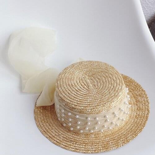 2021 Summer New Arrival Girls Fashion Pearl Hats Kids Straw Hats with Bow