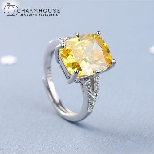 Pure Silver Engagement Rings For Women Yellow Crystal Gem Finger Ring Adjustable Bague Femme Luxury Jewelry Accessories Bijoux
