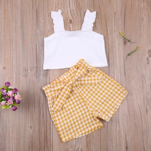 2-7Y Baby Summer Girl Clothing Shirt Off Shoulder Blouse White Pleated Strpas Vest+Plaid Loose Shorts Cute 2pcs Outfits